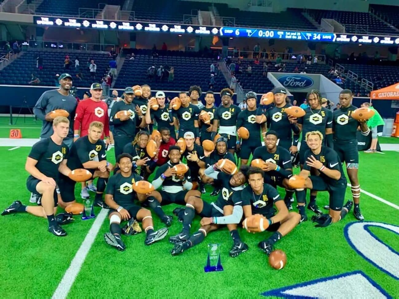 Quarterbacks at the 2019 The Opening, including C.J. Stroud and Bryce Young, posing with footballs on the field.